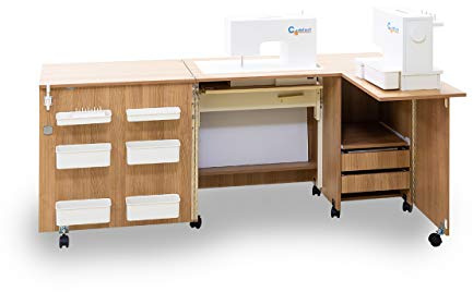 Comfort 5+ | Nähmaschinenschrank | Nähmöbel | Nähtisch | Aufbewahrungsschrank | (Oak Sorano Natural Light, M (Air-lift to 10 kg))