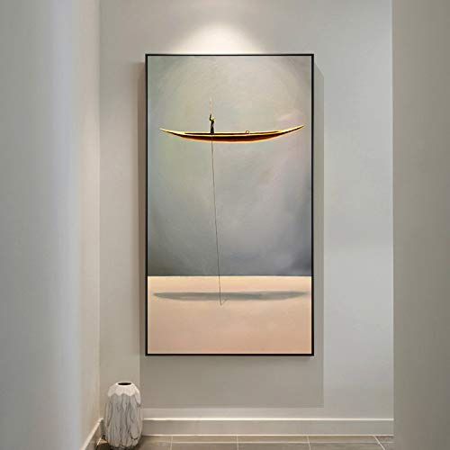 Handgemalte Leinwand Bilder,Abstrakte Moderne Wandkunst Orient Gold Boot Und Männer Graue Flusslandschaft Nordische Vertikale Grafik Große Rahmenlose Coole Gemälde Wohnkultur Für Schlafzimmer Woh