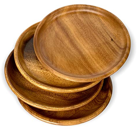 WRIGHTMART Set of 4 – 8 Inch Round Acacia Wood Appetizer Plates – Solid Hardwood Wooden Salad Dessert Bread Plates for Serving Meals – Natural Wood Grain Dinnerware