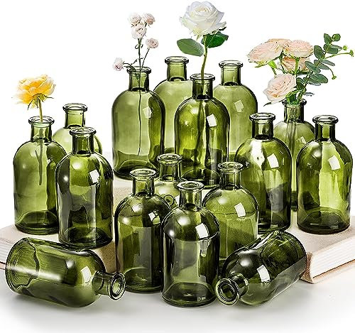 YOUEON 16 Pack Small Living Bud Vases 250ml Green Glass Vase Decorative Bottles Vintage Flower Bottle Centerpiece for Wedding Reception Home Decor Office Vintage Look