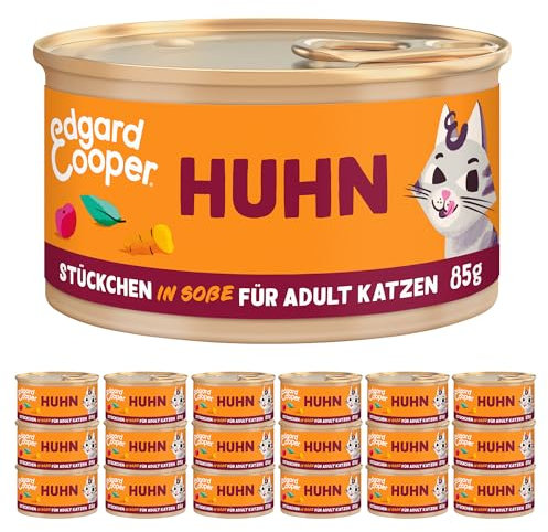 Edgard & Cooper Nassfutter für Katzen, (Huhn, 85g x 18), Katzenfutter nass in Sauce ohne Zucker und Getreidefrei, voll von frischem Fleisch, für sterilisierte und aktive Katzen, natürlichen Zutaten