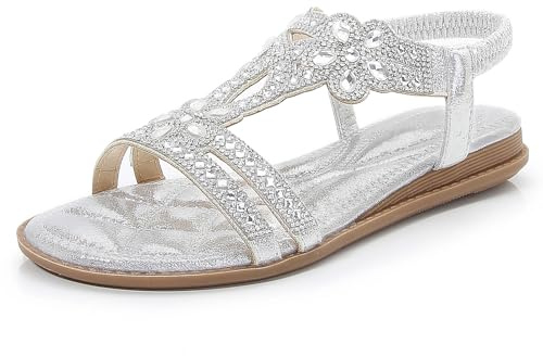 iCKER Women Rhinestone Sandals T-Strap Buckle Bohemian Pearl Crystal Flat Sandals-Sliver 01-9.5