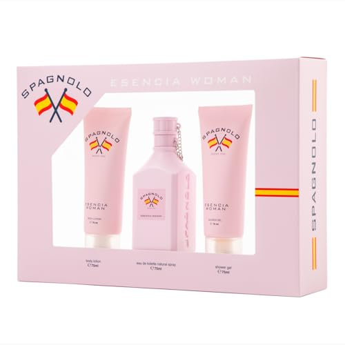 SPAGNOLO - Esencia Woman Eau de Toilette Natural y Femenina, Estuche de Regalo Mujer Colonia 75 ml + Gel de Baño 75 ml + Crema Corporal 75 ml, Aroma Floral Afrutado, Fragancia Fresca y Duradera
