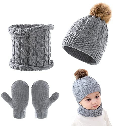 Kunyeah 3-teiliges Baby-Beanie-Mütze Schal Handschuhe Strickmütze Winter warme Handschuhe Kleinkinder Halswärmer für Jungen und Mädchen 0–3 Jahre