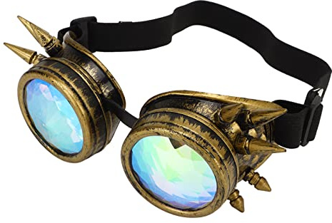 VBESTLIFE Kaleidoskop-Rave-Brille mit Regenbogen-Kristalllinsen – Verstellbare psychedelische Steampunk-Brille für Halloween, Festival & Party (Bronze), Rave-Brille, Kaleidoskop-Brille