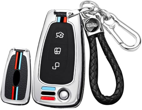 ontto Metall Schlüsselhülle Autoschlüssel Hülle Schutzhülle Cover Passt für Ford Kuga Focus Mk3 Mk4 Mondeo Fiesta Titanium Ecosport Transit MK8 Schlüsselbox Schlüsselanhänger 3 Taste-B Silber