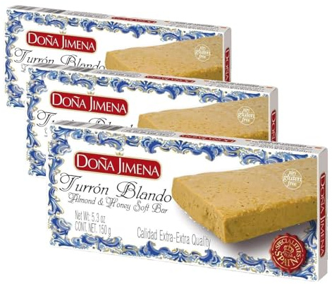 DOÑA JIMENA - Turrón Blando con Miel y Almendras, Textura Cremosa, Dulce Navideño de Receta Artesanal Calidad Extra, Turrón tradicional Sin Gluten 150 G (Paquete de 3)
