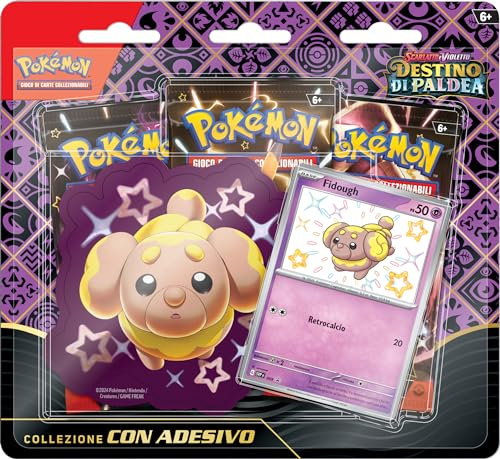 Pokémon Colección con Adhesivo (Fidough) de la expansión Escarlata y Violeta - Destino de Paldea del GCC (Carta Promocional holográfica y Tres Sobres de expansión), edición en Italiano
