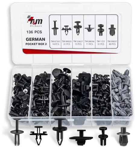 T&M TECHNICS® Set completo di clip di montaggio in plastica per auto, confezione da 136 rivetti, clip e attacchi universali per veicoli, body and car Accessories - German Pocket Box 2