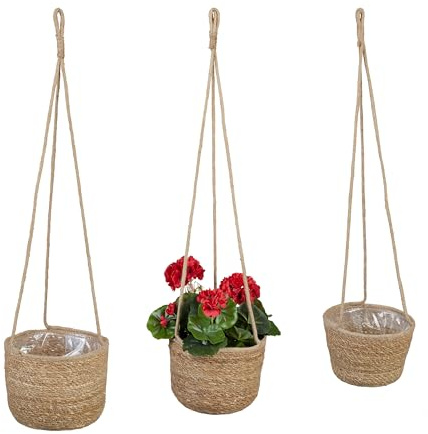 Relaxdays Seegras Blumenampel 3er Set, hängend, Blumen & Hängepflanzen, Hängekorb mit Folie, 3 Größen, Pflanzkorb, Natur