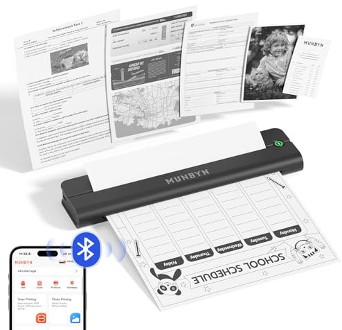 MUNBYN ITP02 Impresora Térmica Portátil, Impresora Termica A4 Bluetooth, Compatible con Papel Térmico A4/4''/3''/2'', Impresoras de Viaje Móviles Inalámbricas para Viajar, Doméstico, Oficina, Negro