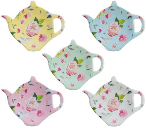 PRECITIME Porcelain Tea Bag Coasters, Floral Used Tea Bag Holder, Set of 5 Tea Bag Plates Floral, Teaspoon Rest, Tea Bag Rest Dish, Tea Party Gifts