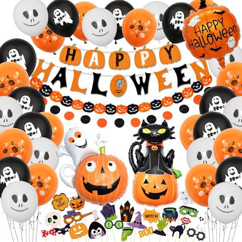 Halloween Deko Luftballons Girlande Set Happy Halloween Banner, 30 Stück Helium Ballons, Kürbisse Geist Fledermäuse Spinne Halloween Deko mit 3 Stück Groß Folienballon, 24 Stück Halloween Tortendeko