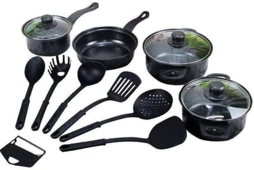 Herzberg HG04241 - Batteria da cucina antiaderente, 13 pezzi, nero, acciaio al carbonio durevole, manici confortevoli, coperchi in vetro temperato, compatibile con tutti i fuochi, lavabile in