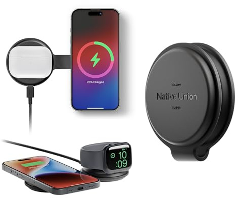 Native Union Voyage 2-in-1 Magnetic Wireless Charger – Faltbare Reiseladestation für iPhone Air, 17, AirPods, Apple Watch & mehrere Geräte – Qi2 Zertifiziert & MagSafe kompatibel bis zu 15W (Schwarz)