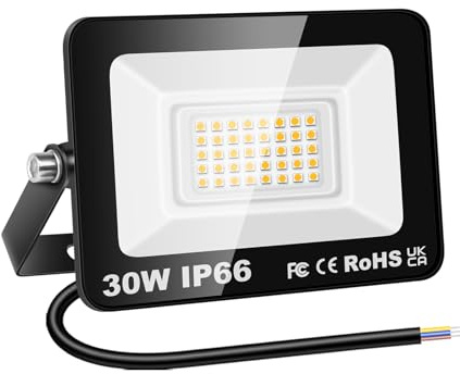 YOJZMA Projecteur LED Extérieur, 30W 3000LM Lumière Éclairage de Sécurité | Sans Prise, Blanc Chaud 3000K, IP66 Étanche, Spot LED Extérieur pour Jardin Garage, Cour Terrain Sport Patio Allée Porche