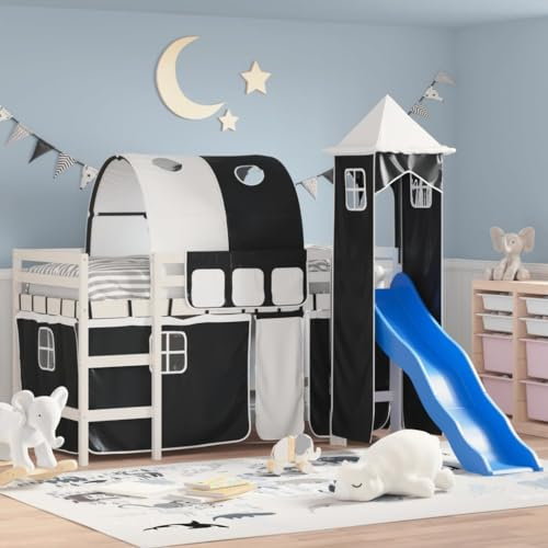 OHOOWOO Kinderhochbett mit Turm Weiß & Schwarz 90x200 cm Kiefernholz,Kinderhochbett Weiß mit Rutsche und VorhangTurmSet Schlafund Spielspaß vereint