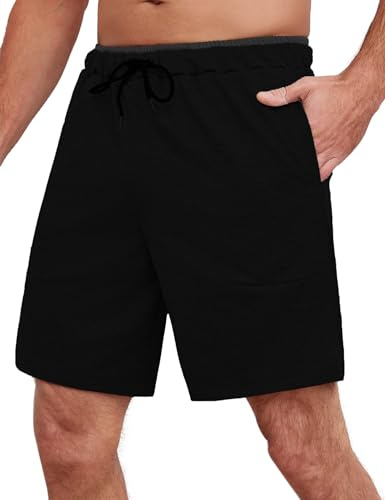 Wayleb Kurze Jogginghose Herren Baumwolle Sport Shorts Leicht Atmungsaktiv Gym Kurze Hose Männer Laufhose Casual Schlafhose mit Kordelzug und Seitentaschen, Schwarz 3XL