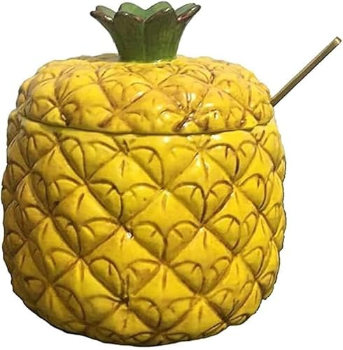 PGPAYH Sugar Bowl,Sugar Container,Sugar Jar,Ceramic Sugar Bowl Relief Pineapple Hand Paint Spice Jar Seasoning Pot with Lid Spoon