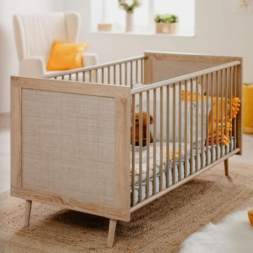 Lit bébé à barreaux en bois clair imprimé cannage 70x140 - LT7085