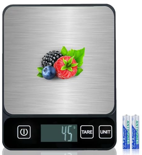 GIBOHOM Bascula Cocina Digital, Balanza Cocina 10 kg/22 lbs de Alta Precisión 1 g/0.1 oz con Pantalla LCD y Función de Tara, Peso de Cocina Multifuncional de Acero Inoxidable 2 Baterías Incluidas