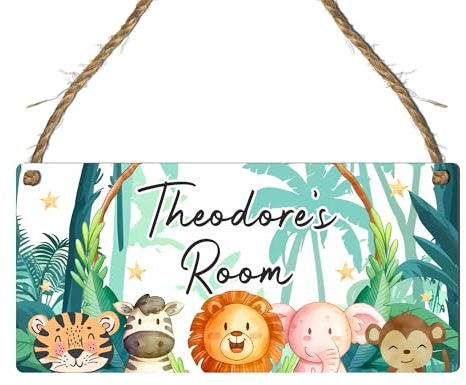 Personalised Jungle Animal Room Name Plaque - Nursery Bedroom Décor Gift – Custom Wood Door Or Wall Sign - New Baby Safari Name Decoration Gift (Jungle Print)