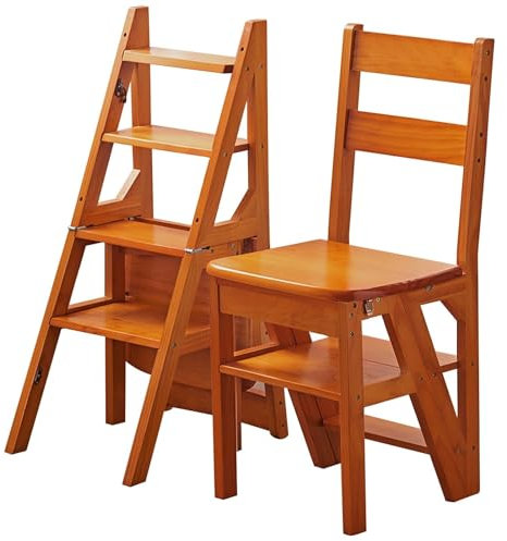 3-in-1 Klappleiter aus Holz mit Aufbewahrungsregal für Heimbibliothek, wandelbarer Tritthocker und Klettertreppenstuhl (Farbe: A, Größe: 35 x 46 x 90 cm)