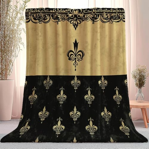 Luxus Fleur-de-Lis Decke Schwarz Gold Barock Vintage Sherpa Fleece Decke 100×130 cm Weiche Flauschige Bedruckte Kuscheldecke Für Alle Jahreszeiten Für Couch Bett Sofa Deko Elegant