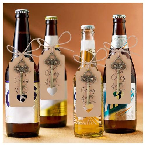 Hrlace Key Bottle Opener Wedding Favour Vintage Key Ring Rustic Key Bottle Opener with Cards and Strings for Guests Wedding Party Supplies Bronze Pack of 30