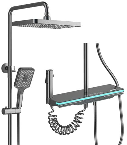 Sistema de Ducha termostático 4 Función LED Ambient Light Daught Combo con Cabeza de Ducha, rociador de Mano, Boquilla de bañera, rociador de Bidet, Juego de grifos de Ducha de bañera (Blanco)