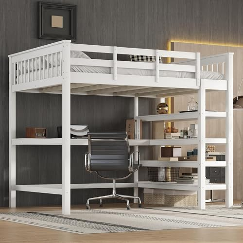 RIAZOS Kinderbett 140x200 cm, Hochbett mit Schreibtisch, Etagenbett mit Ablagefächern, Spielbett für Kinder Jugendbett Stockbett, Bettrahmen für Teenager und Erwachsene, Weiß