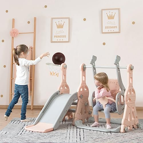 4 in 1 Set da Parco Giochi per Bambini Autoportante, Altalena con Scivolo, Canestro da Basket, Scivolo per Bambini Scivolo, Attività Kid Play Equipment per Ambienti Inter ed Esterni(Rosa-A01)