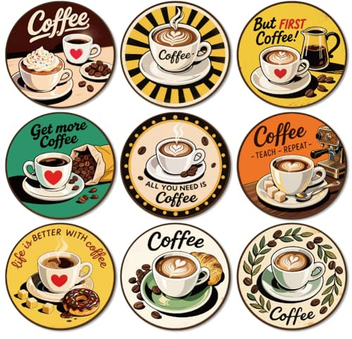 ANATTASOUL Vintage Coffee and Latte Wood Coasters Set of 9 for Coffee Table | Home Decor,3.9 Round,Vintage,Colorful Wooden Cup Mat,Funny Desk Coasters,for Apartment,Office,Bar,Kitchen,Gifts