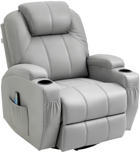 HOMCOM Poltrona Massaggiante a 8 Punti e Reclinabile Manuale con Poggiapiedi e Telecomando, Poltrona Relax Girevole in Pelle PU e Legno con Funzione Dondolo e Telecomando, 89x99x106 cm, Grigio