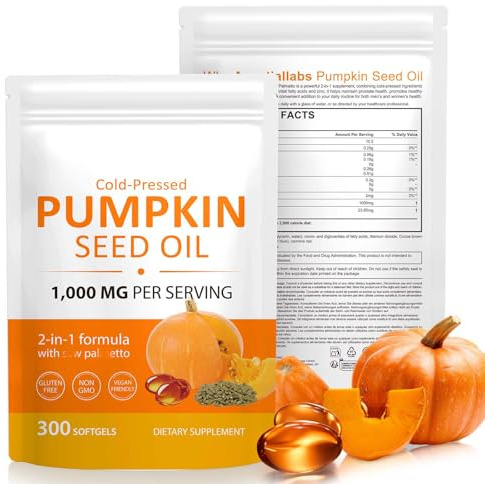 1 confezione da 300 capsule di olio di semi di zucca, 2 in 1 per la crescita dei capelli, pressate a freddo, supporta capelli, cuore, integratore per la pelle