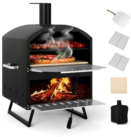 COSTWAY Four à Pizza Extérieur Portable à Bois, Four à Pizza à Deux Couches Extra-Large avec Pierre Carrée Pelle à Pizza Grilles de Cuisson Housse, pour Camping Jardin Fête BBQ