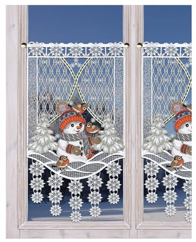 Scheibengardine Fröhliche Winterzeit mit Schneemann Vogtländische Spitze - Gestickter Scheibenhänger mit süßen Vögelchen als Kindermotiv | Spitzengardine Schneeflocken Höhe x Breite 52 x 28 cm