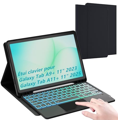 pour Samsung Galaxy Tab A11+/A9+ Plus 11 pouces Étui avec clavier détachable - français AZERTY, Clavier rétroéclairé arc-en-ciel avec pavé tactile - Étui clavier pour Galaxy Tab A11+ 2025/A9+ 2023