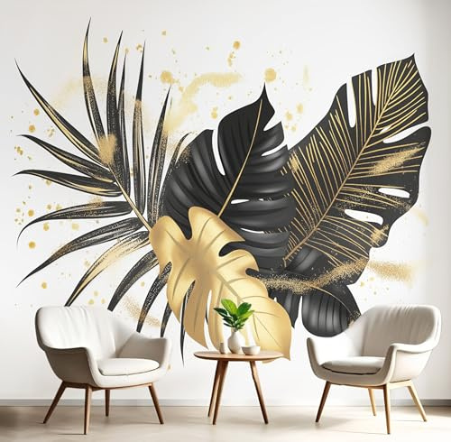 Papier Peint Panoramique L'Or Noir Lames De Feuilles De Palmier 150X105Cm Revêtement Mural Plantes Tropicales Poster Tableaux Photo Muraux Utilisé Pour Salon Chambre D'Enfant Décoration Murale