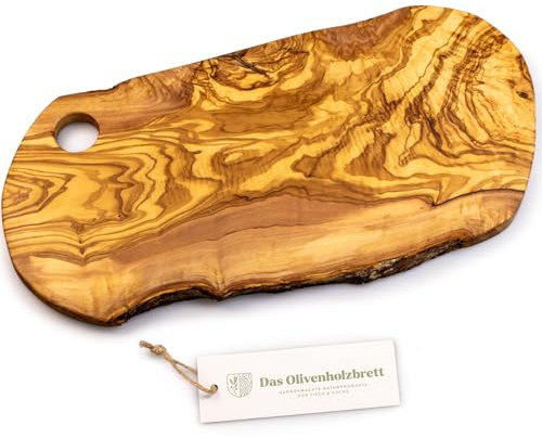 DAS OLIVENHOLZBRETT® Großes Schneidebrett Olivenholz/Antipastibrett/Vesperbrett/Servierbrett/Chacaturieboard/Brotzeitbrett mit naturbelassenem Rand, / mit Loch zum Servieren 40cm