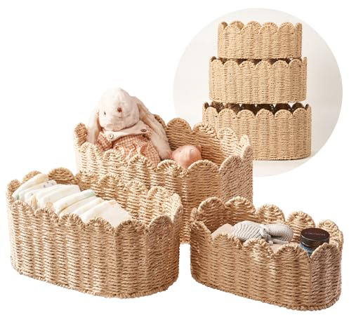 Scalloped Basket Set of 3, Wicker Storage Baskets - Hand-Woven Paper Rope Nursery Organizer for Diaper Caddy, Baby Toys & Shelves, Natural (16x10x7 Inch)