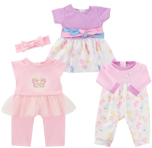 3 Sets Baby Puppenkleidung für 14-18 Zoll Puppen – 5 Teile mit Kleid, Stirnband, Oberteil, Hose & Overall – Für 43 cm Babypuppen