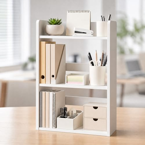 anrekl Organizador de escritorio de 3 niveles, organizador de oficina de madera, accesorios de escritorio, soporte para almacenamiento y exhibición de suministros de oficina, 40×20×65 cm, blanco