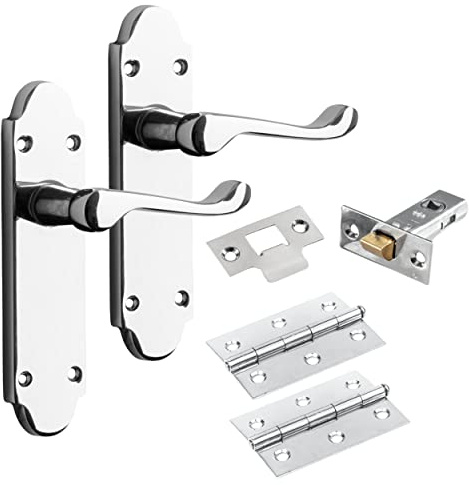 IRONZONE® A Set of Premium Quality Shaped Lever Latch Door Handles Polished Chrome Hinges & Latch Pack Backplate Door Handles, Contemporary Design for Internal Wooden or Oak Doors
