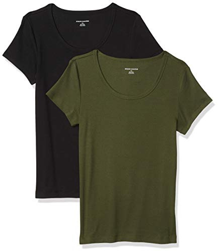 Amazon Essentials Women's T-shirt med smal passform med holkärm och rund hals, Pack of 2, Mörk olivgrön/Svart, M