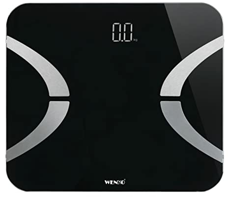 WENKO Körper-Analysewaage LED, Körperfettwaage für Körperfettanteil, Körperwasseranteil, Muskelmasse, Knochenmasse, BMI, Viszeralfett & Stoffwechsel, Bluetooth Personenwaage, Sicherheitsglas, Schwarz