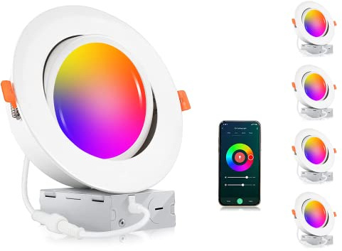 CLOUDY BAY [4 Pack] 6 inch Gimbal Smart WiFi LED Recessed Lights,RGBCW Color Changing,Compatible with Alexa and Google Home Assistant,No Hub Required,15W 2700K-6500K, IC Rated