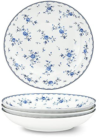 fanquare 4 Piezas Platos de Ensalada Porcelana, Cuencos de Pasta Modernas, 20cm Cuencos Desayuno Azul, Cuencos de Aperitivo