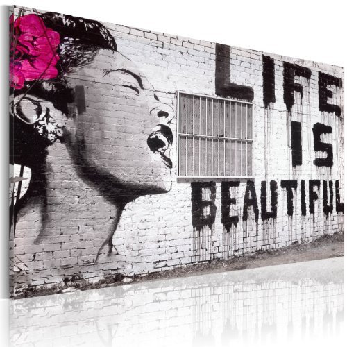 B&D XXL - Akustikbild Banksy Life is Beautiful Bilder Akustikschaum Hochleistungsschallabsorber Schallschutz Leinwand 1 tlg Wandbild Raumakustik Schalldämmung Pop Art Street Art
