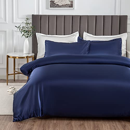 Morbuy Parure de lit en satin de soie double avec 2 taies d'oreiller, ensemble de literie bleu marine - Parure de couette facile d'entretien avec fermeture éclair - Housse de couette ultra douce de